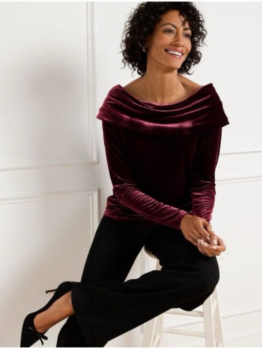 Talbots sz 2X Velvet Burgundy Off Shoulder Holiday Top Long Sleeve Christmas